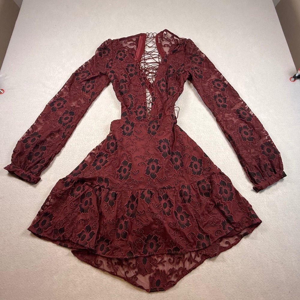 For Love & Lemons Temecula Mini Dress Burgundy Floral Lace Up Back Long Sleeve L